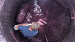 Vigneron avec une fourche dans une cuve à vin