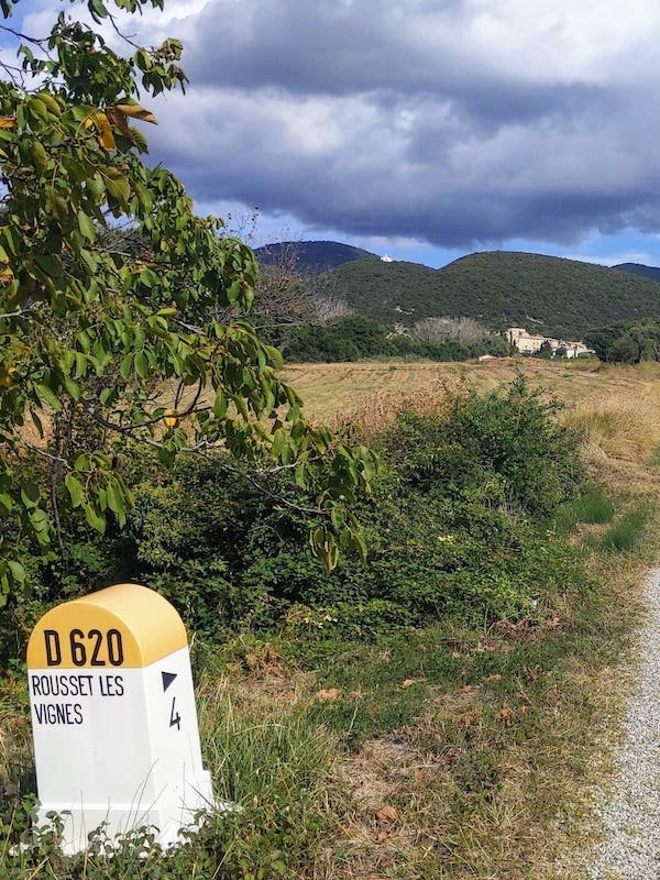 D 620 roadside milestone on a road passing through a vineyard in the Drôme region of France